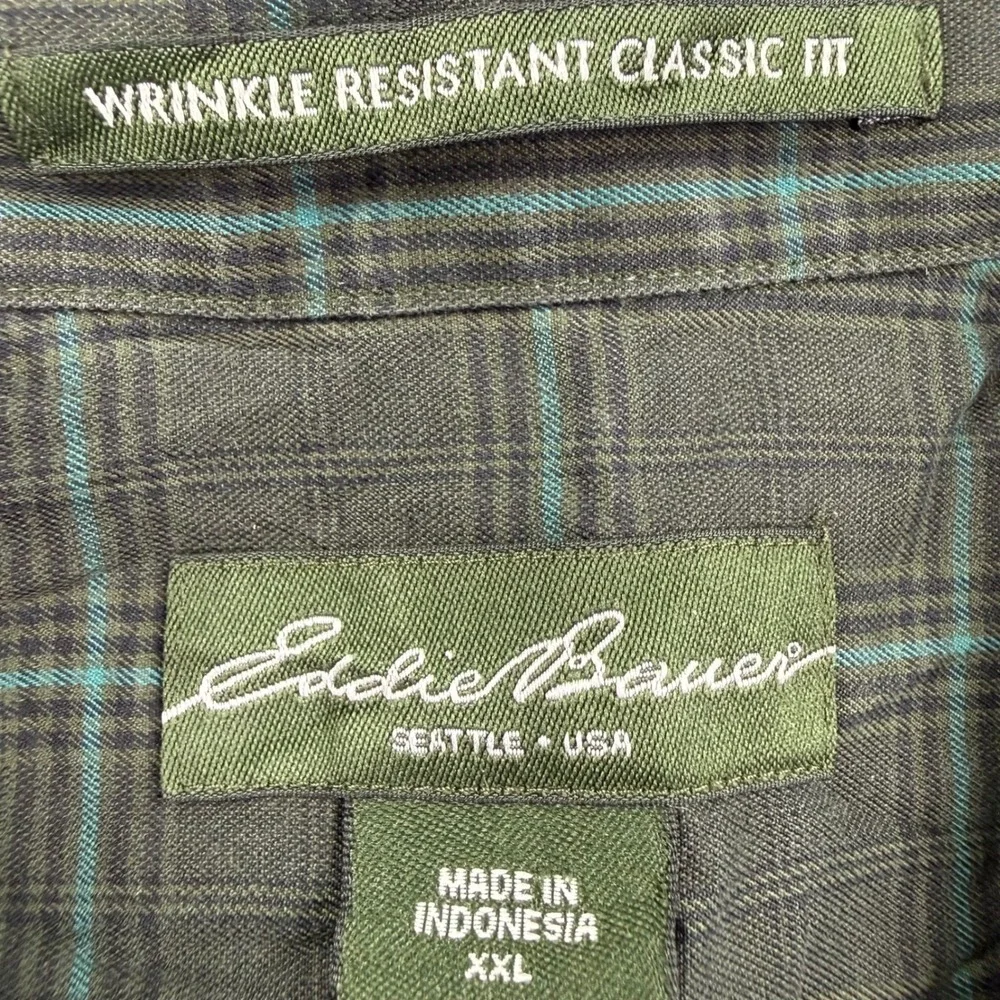 Eddie Bauer Button Up Size XXL Green‎ Plaid Wrinkle Resistant Classic Fit Men's
